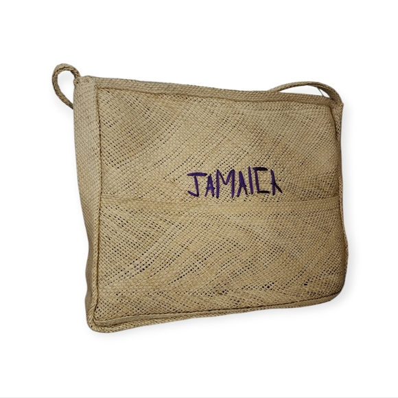 Vintage JAMAICA Handwoven Straw Floral Embroidered Clutch / Crossbody Bag (2 Pc) - Picture 3 of 10